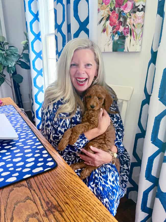 A smiling woman with long blonde hair, wearing a blue patterned dress, is sitting at a wooden table holding a small brown puppy. The background includes blue and white geometric curtains and a colorful floral painting on the wall.