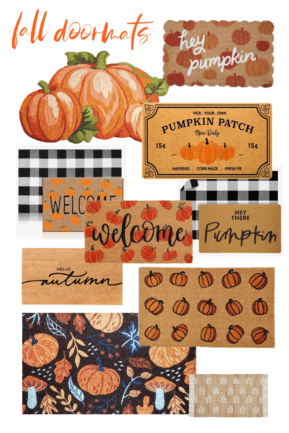 A collage of fall-themed doormats with various designs including pumpkins, leaves, buffalo plaid, and welcoming messages such as "hello autumn," "welcome," "hey pumpkin," and "pick your own pumpkin patch.