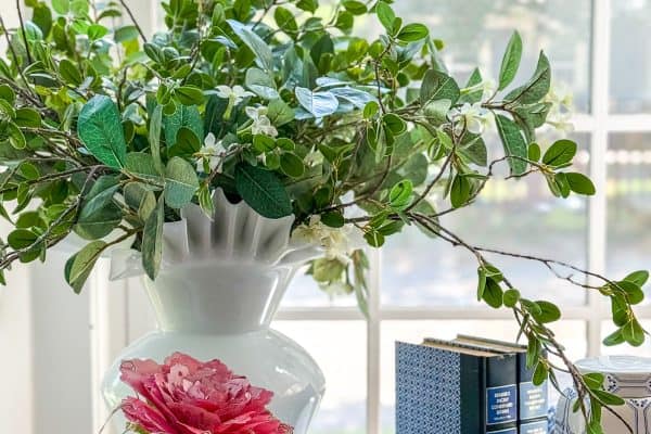 A white vase with leafy green branches sits on a table near a bright window, alongside a pink flower, blue and white decorative jars, stacked books, and a patterned container. Sunlight streams through the window.