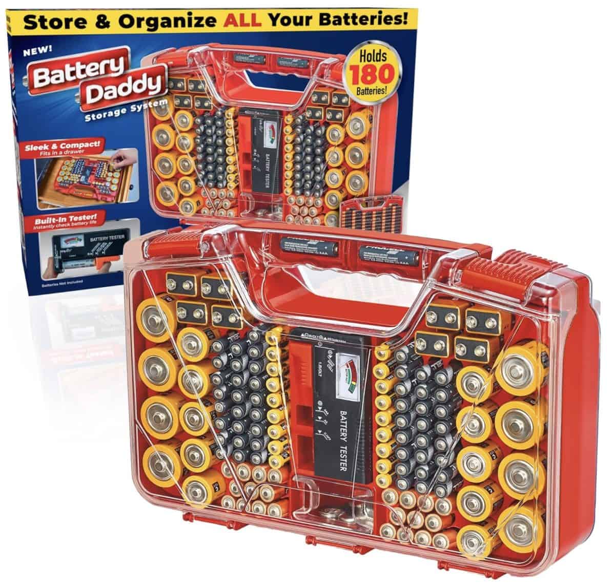 A red and clear plastic Battery Daddy storage case filled with various batteries, shown with its packaging. The box highlights the case’s capacity to hold 180 batteries and features like a built-in tester.
