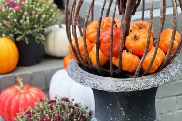 A decorative metal pumpkin cage filled with small orange gourds sits in a stone urn. Around it are potted mums and pumpkins in orange and white, arranged on outdoor steps.