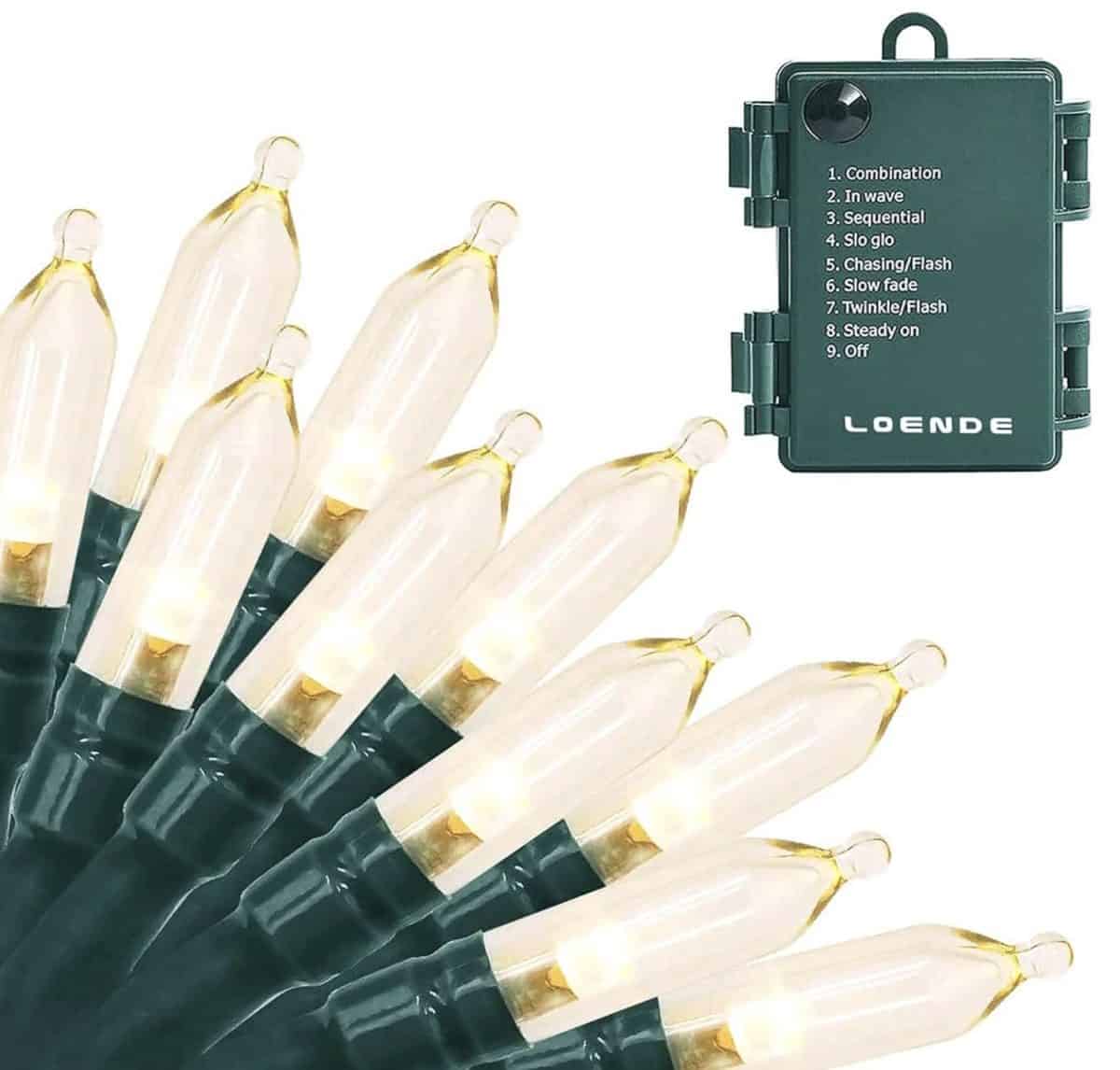 A bundle of warm white LED string lights with green wiring is shown. A green control box labeled "LOENDE" lists lighting modes such as Combination, In wave, Sequential, and more.