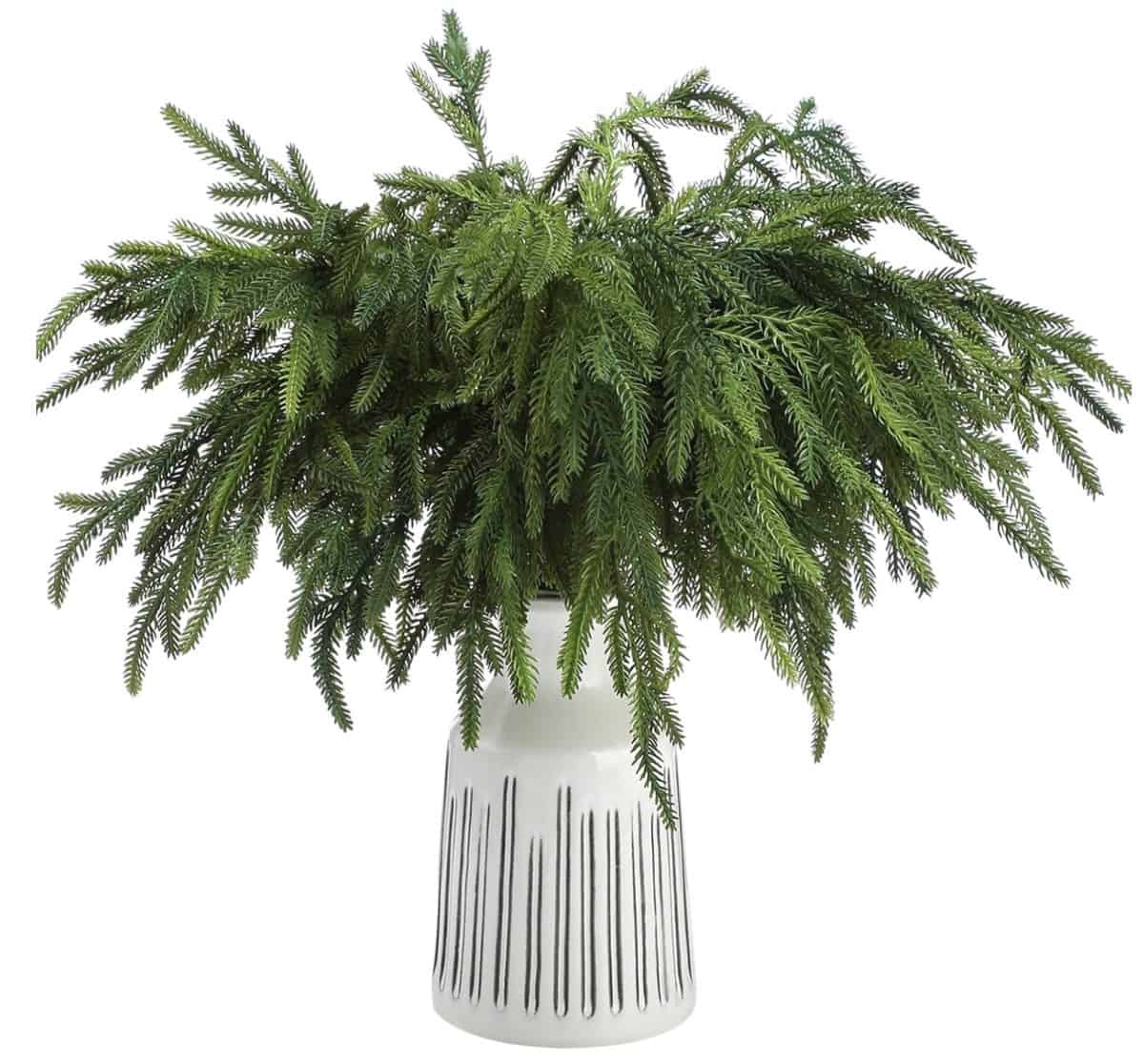 A lush arrangement of pine-like green branches displayed in a white vase with vertical black stripes, set against a plain white background.