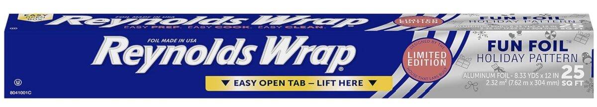 Reynolds Wrap Fun Foil Holiday Pattern box, labeled "Limited Edition," contains 25 square feet of aluminum foil with an easy open tab. The packaging is blue with white and yellow accents.