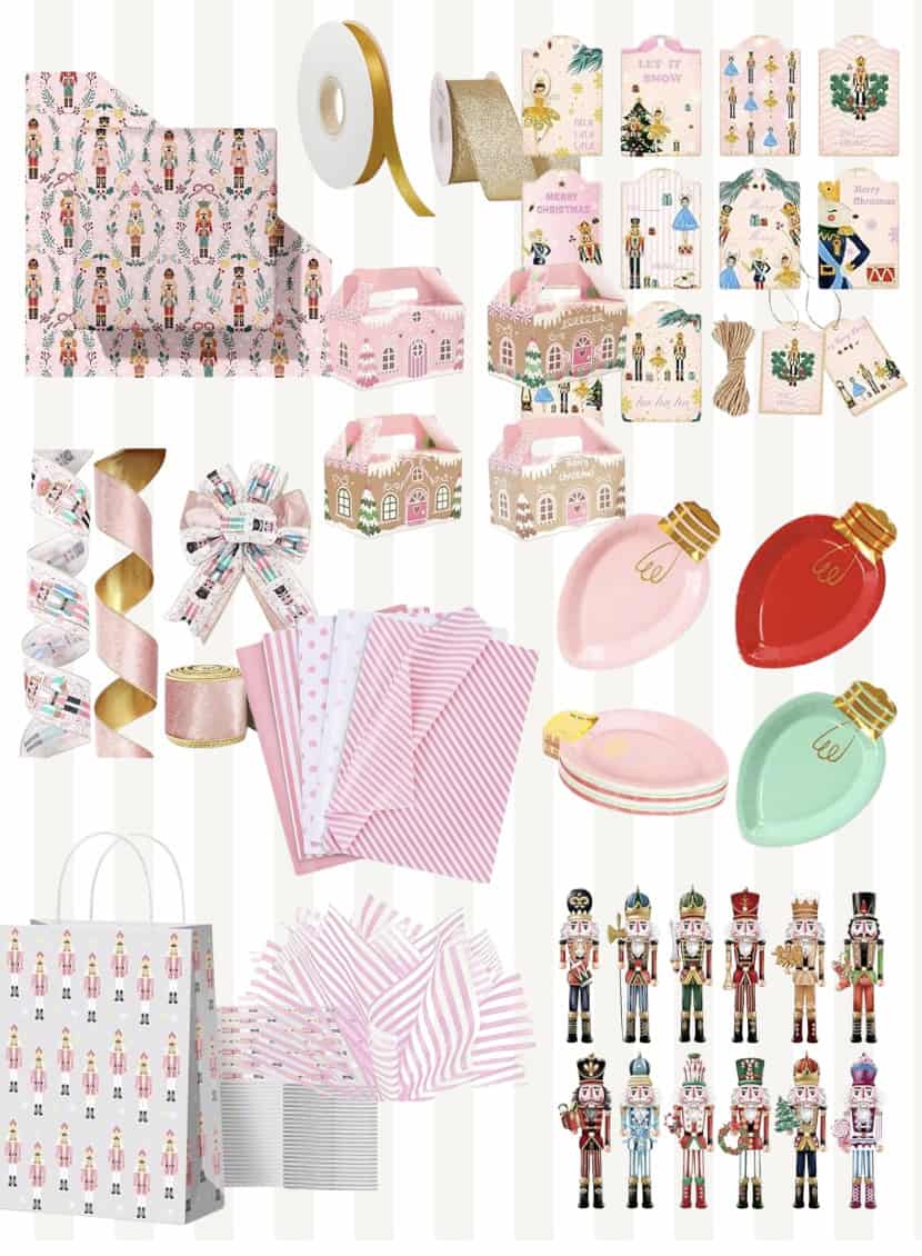 An assortment of pink and gold Nutcracker-themed holiday party supplies, including gift tags, ribbon, favor boxes, plates shaped like ornaments, striped napkins, a gift bag, wrapping paper, and Nutcracker figurines.