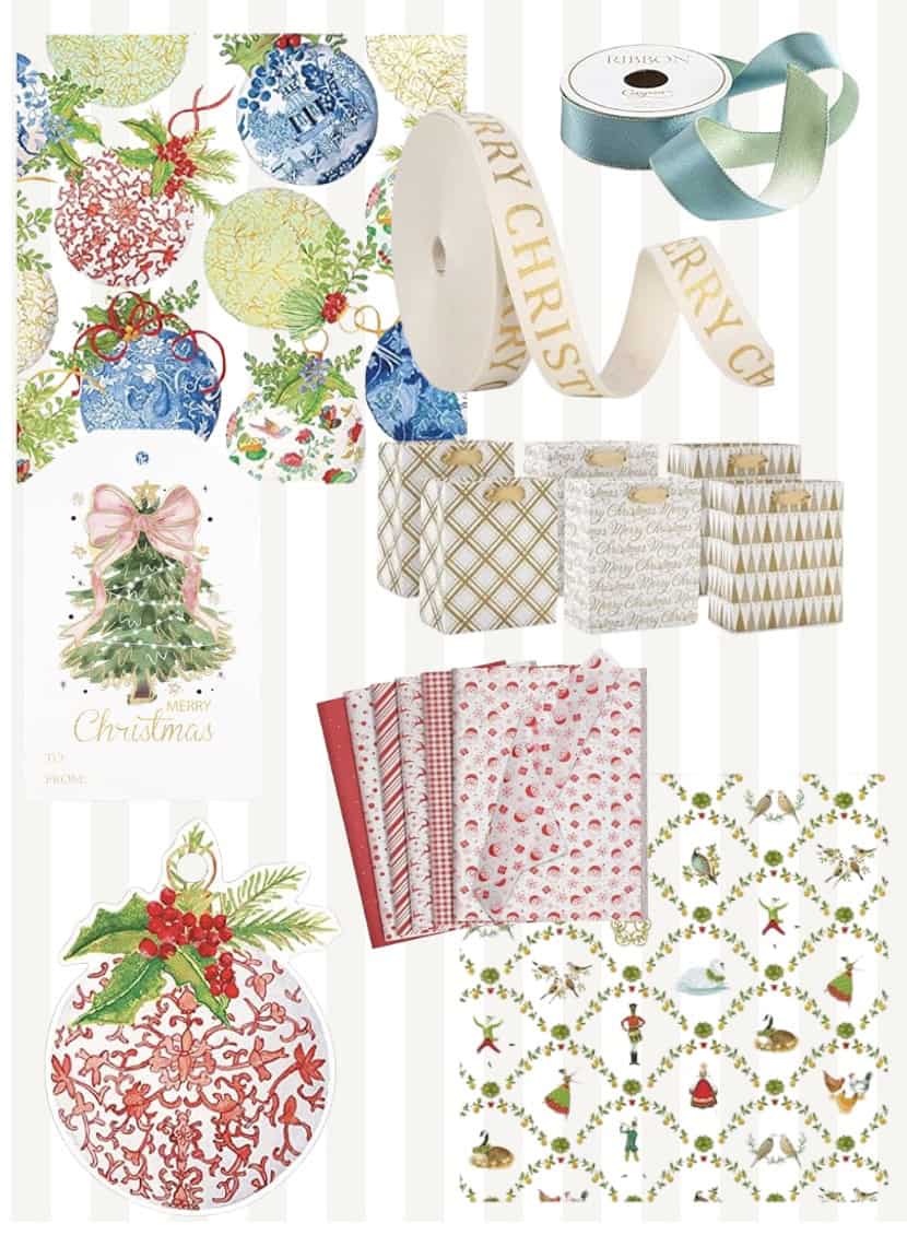 A collage of Christmas-themed wrapping supplies including decorative gift bags, assorted ribbons, patterned gift wrap, and festive gift tags featuring ornaments, holly, Christmas trees, and holiday patterns.