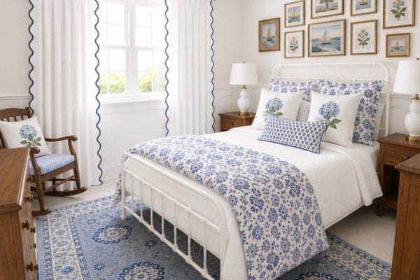 Bright bedroom with white walls, blue and white floral bedding, a blue patterned rug, wooden furniture, white curtains with blue trim, and framed artwork on the wall above the bed. Natural light streams in from the window.