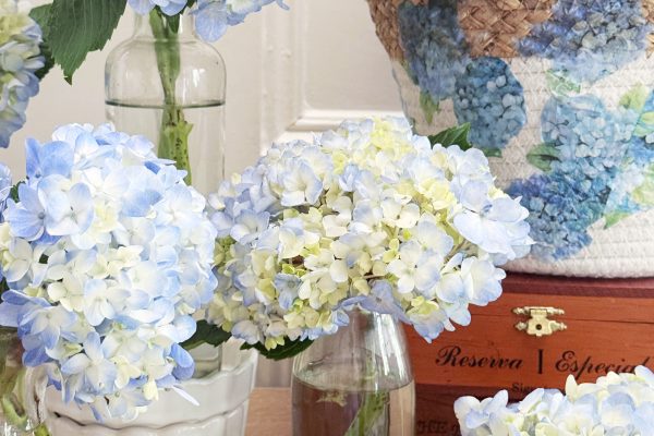 Light blue and white hydrangeas in glass vases and a woven basket with a hydrangea design, displayed on a wooden table with a decorative box in the background.