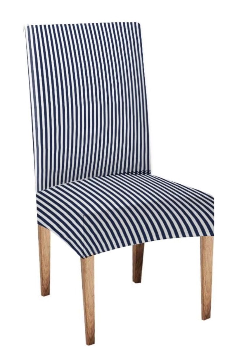 A wooden chair with a tall backrest and seat covered in a blue and white vertical striped fabric.