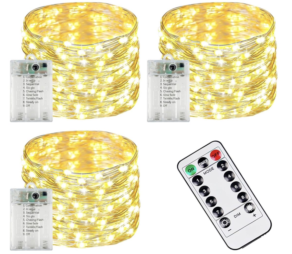 Four bundles of yellow string lights with three battery packs and a remote control, featuring multiple modes, are displayed on a white background.