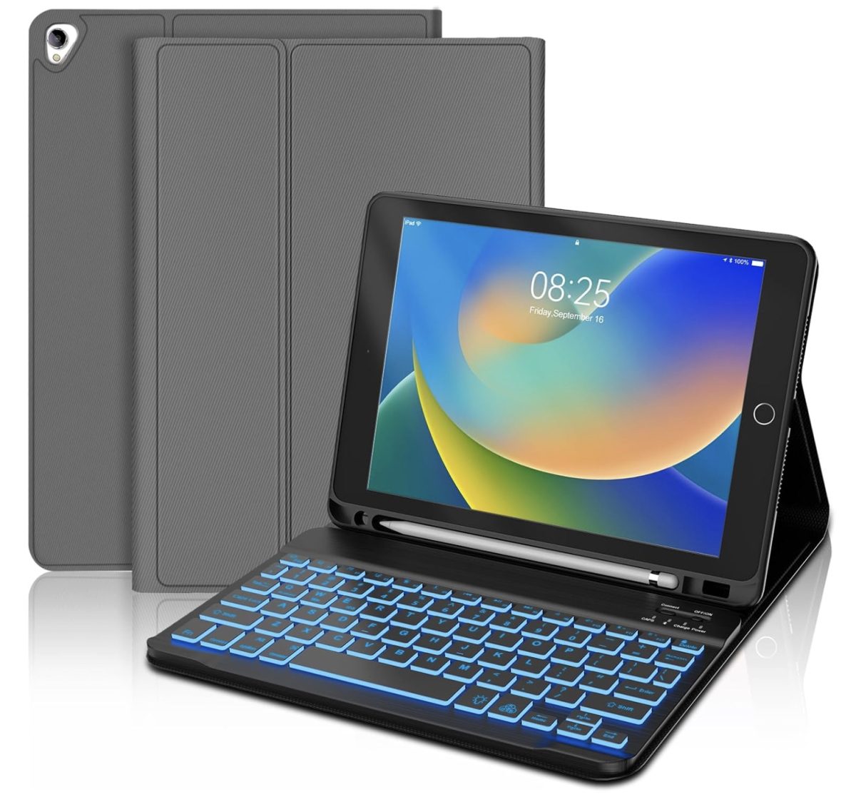 A tablet with a colorful display sits in a black case with a detachable backlit keyboard and a stylus holder. The case cover is shown both folded behind and fully closed.