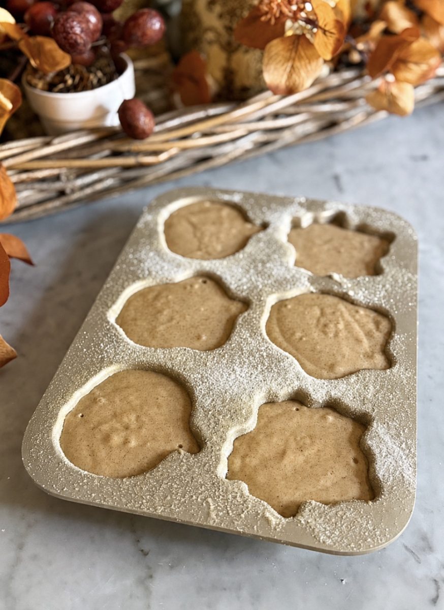 A metal baking pan with six pumpkin-shaped cavities filled with light brown batter sits on a marble countertop, surrounded by autumn decorations with dried leaves and pinecones.