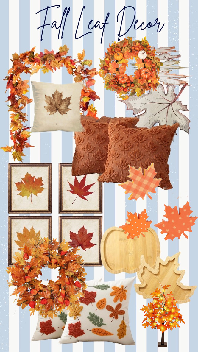 Collage of fall leaf-themed decor, including wreaths, garlands, pillows, framed leaf art, wooden trays, and a small tree with orange and yellow leaves, all on a blue and white striped background. “Fall Leaf Decor” is written at the top.